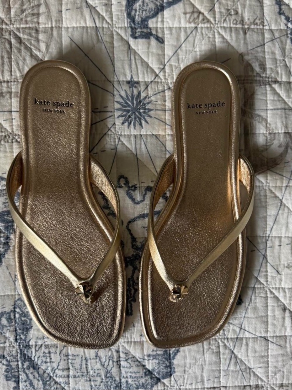 kate spade Gold Metallic Thong Sandals with Logo Charm
